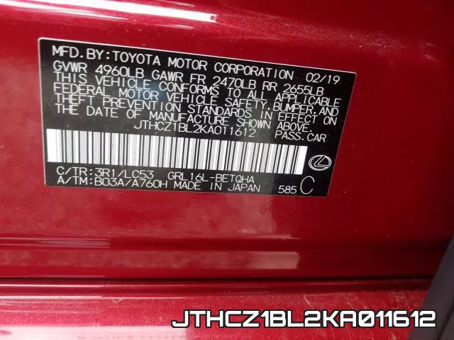 JTHCZ1BL2KA011612 фото 2