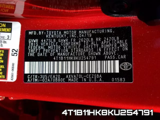 4T1B11HK8KU254791 фото 2