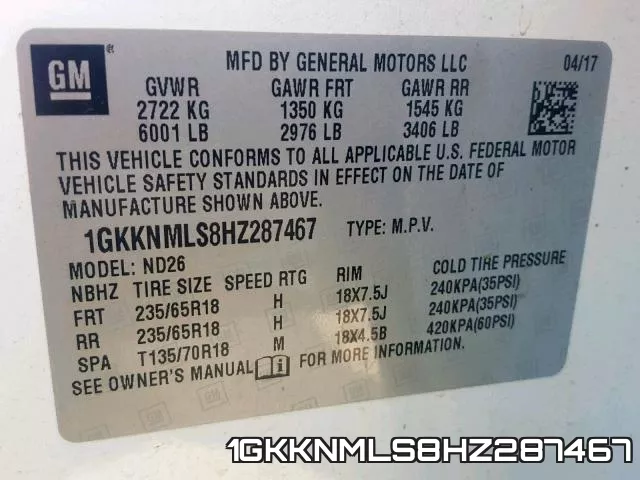 1GKKNMLS8HZ287467 фото 2