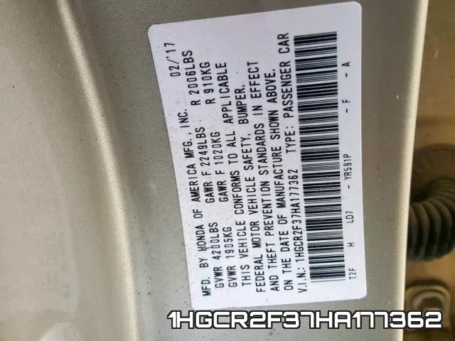 1HGCR2F37HA177362 фото 2