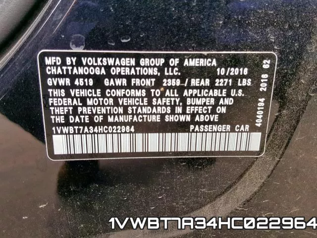 1VWBT7A34HC022964 фото 2