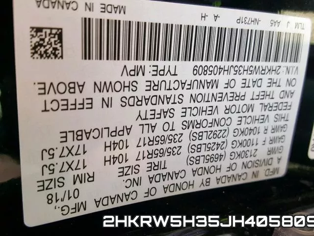 2HKRW5H35JH405809 фото 2