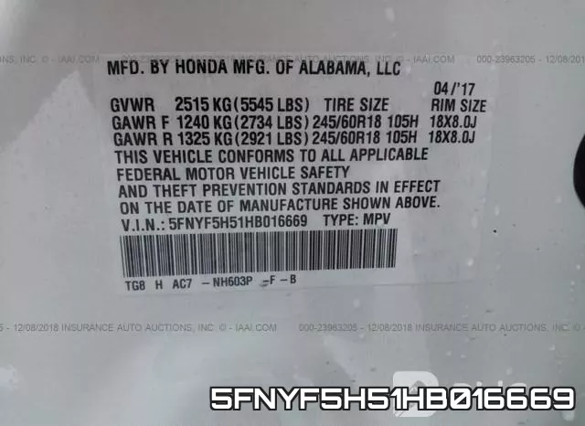 5FNYF5H51HB016669 фото 10