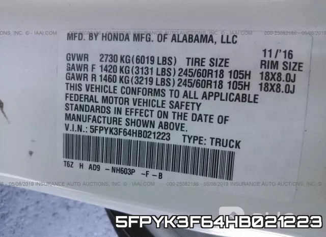 5FPYK3F64HB021223 фото 10