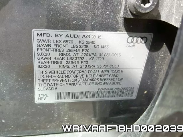 WA1VAAF78HD002039 фото 2