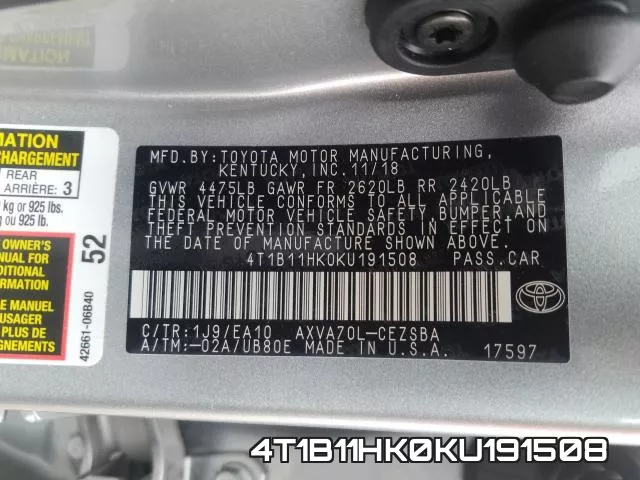 4T1B11HK0KU191508 фото 2