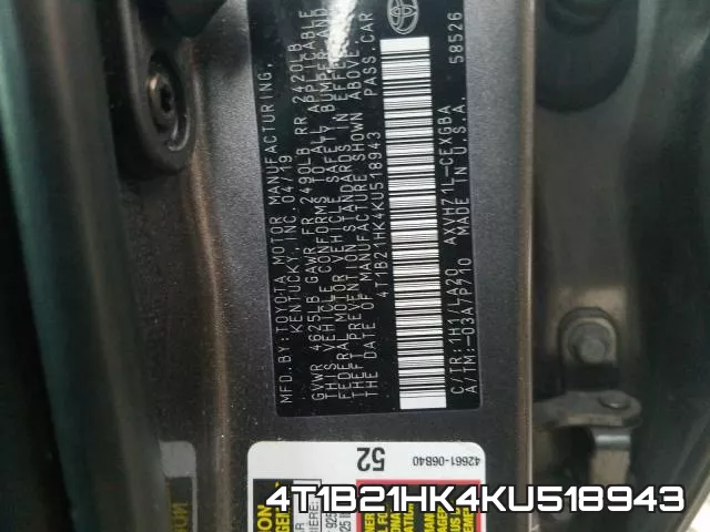 4T1B21HK4KU518943 фото 2