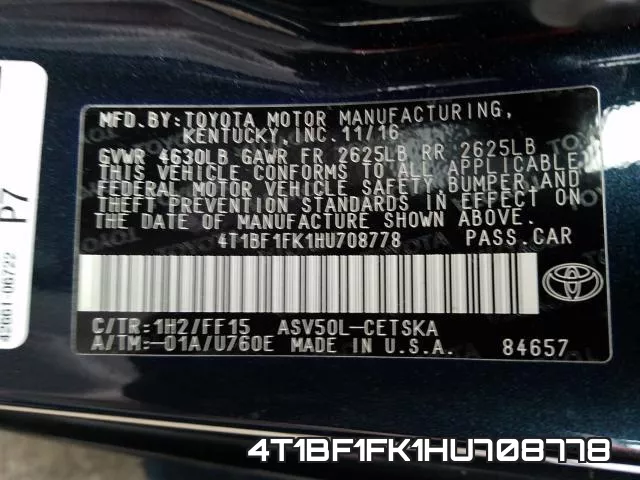 4T1BF1FK1HU708778 фото 2