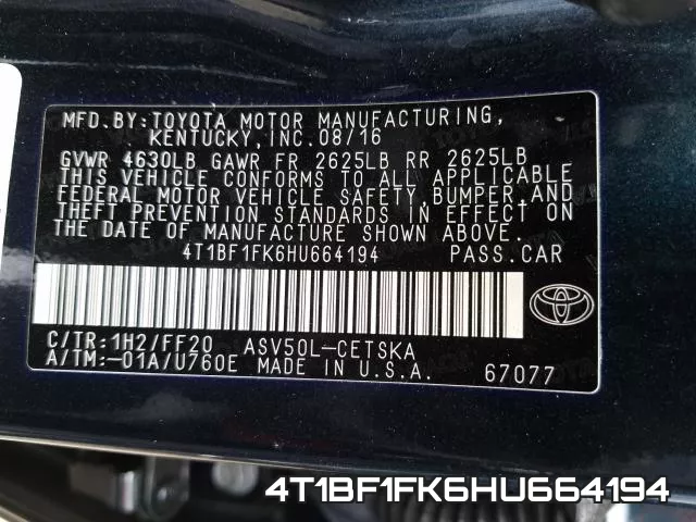 4T1BF1FK6HU664194 фото 2