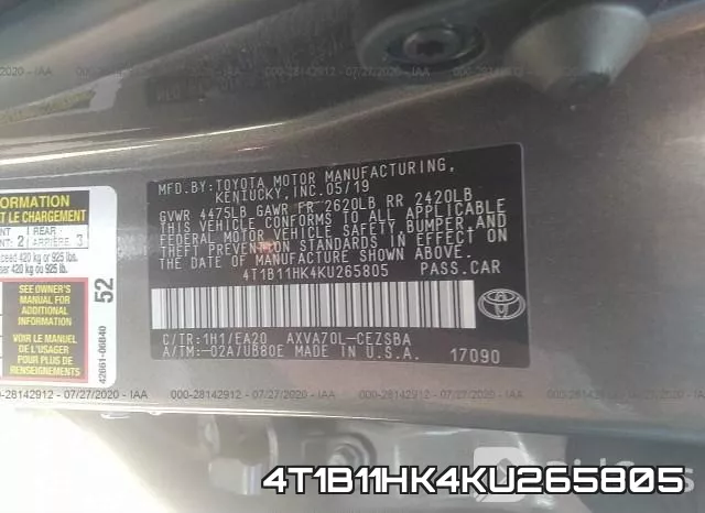 4T1B11HK4KU265805 фото 10