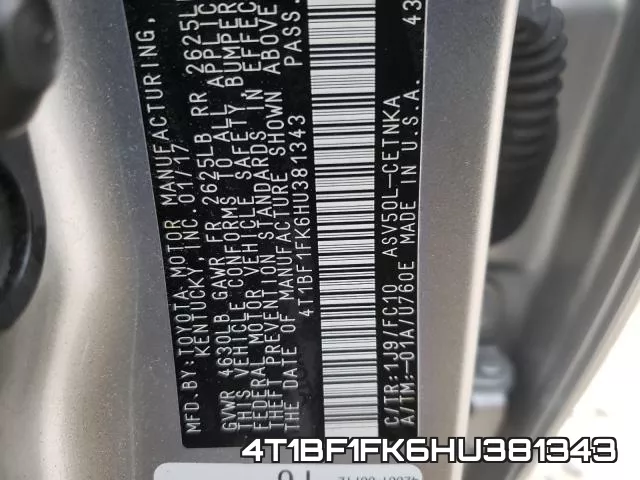 4T1BF1FK6HU381343 фото 2