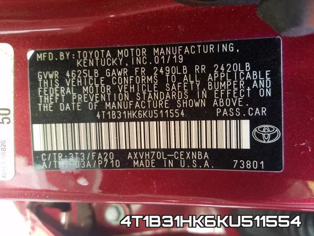 4T1B31HK6KU511554 фото 2