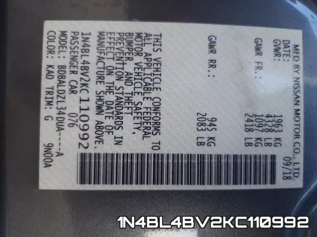 1N4BL4BV2KC110992 фото 2