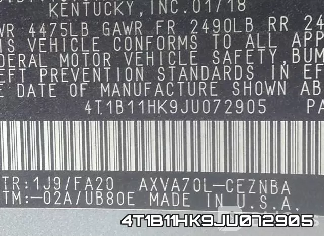 4T1B11HK9JU072905 фото 10