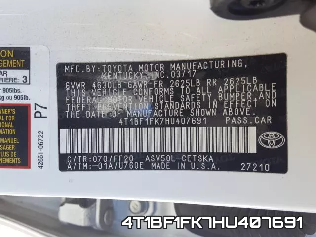 4T1BF1FK7HU407691 фото 2