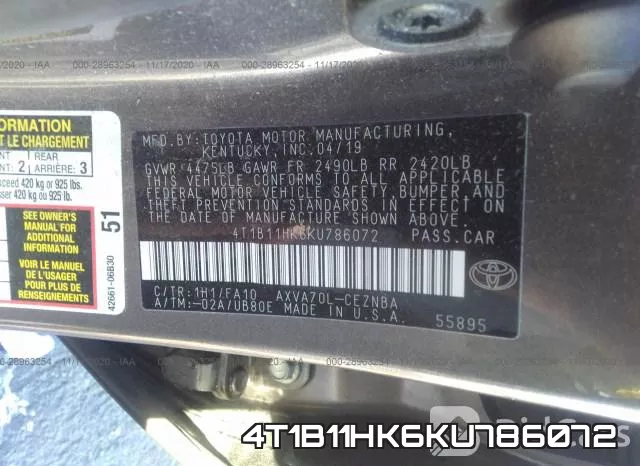 4T1B11HK6KU786072 фото 10