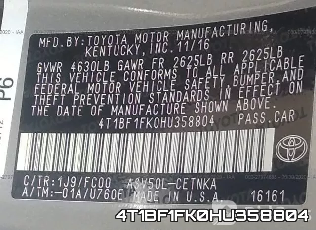 4T1BF1FK0HU358804 фото 9