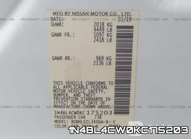 1N4BL4CW0KC175203 фото 10