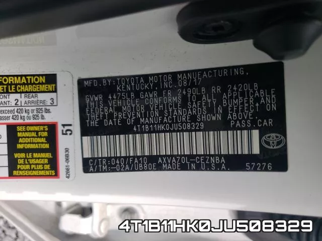 4T1B11HK0JU508329 фото 2