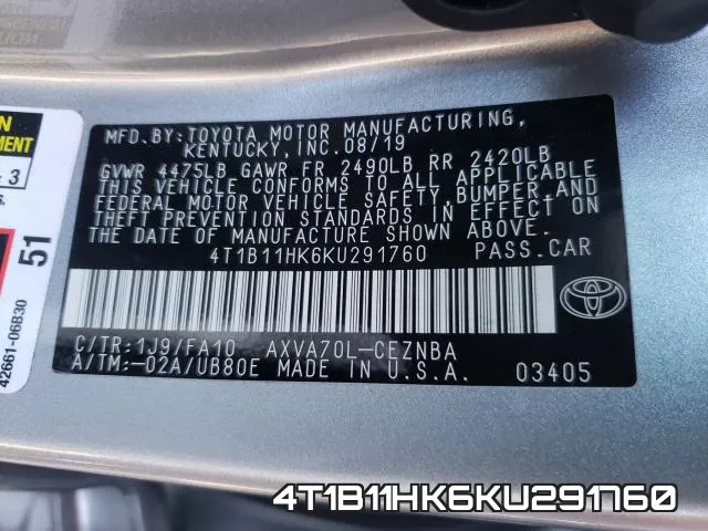 4T1B11HK6KU291760 фото 2