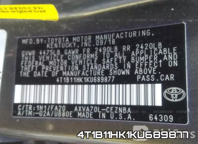 4T1B11HK1KU689877 фото 10