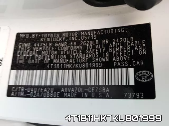 4T1B11HK7KU801999 фото 2