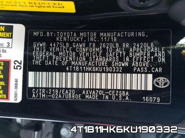 4T1B11HK6KU190332 фото 2