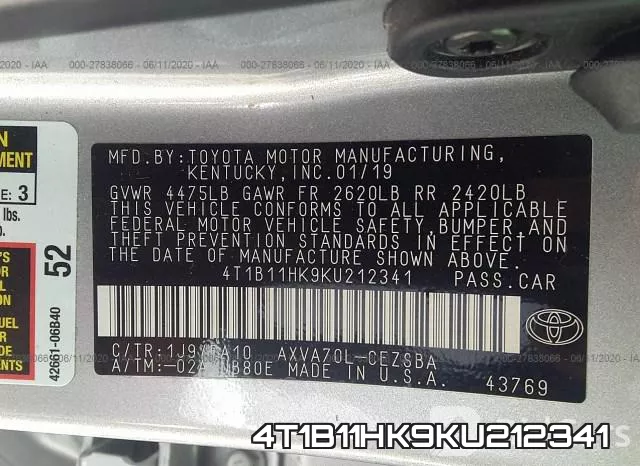 4T1B11HK9KU212341 фото 10