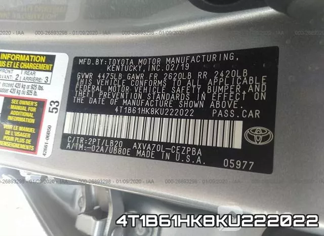 4T1B61HK8KU222022 фото 10
