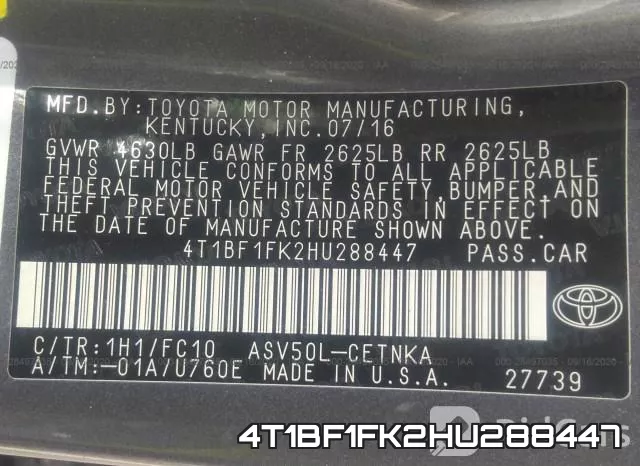 4T1BF1FK2HU288447 фото 10