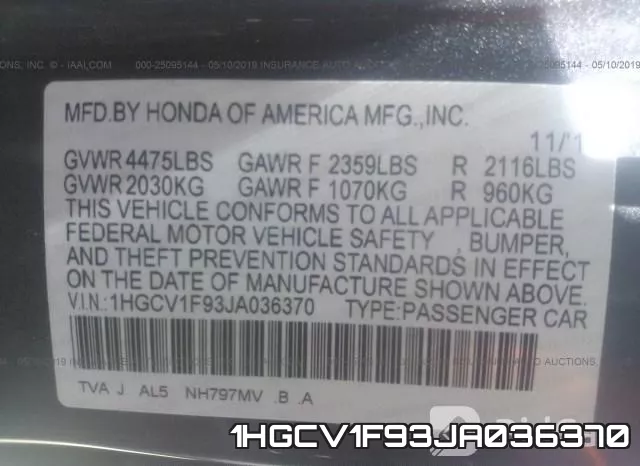 1HGCV1F93JA036370 фото 10
