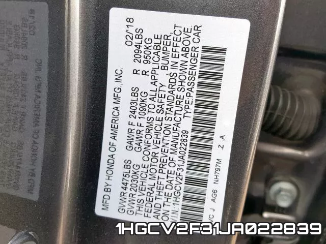 1HGCV2F31JA022839 фото 2