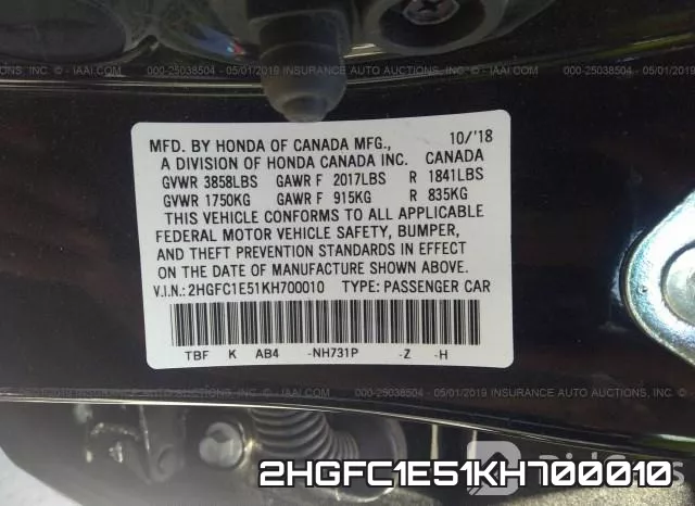 2HGFC1E51KH700010 фото 10
