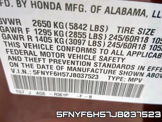 5FNYF6H57JB037523 фото 2