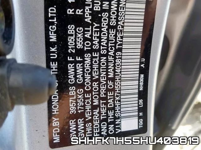 SHHFK7H55HU403819 фото 2