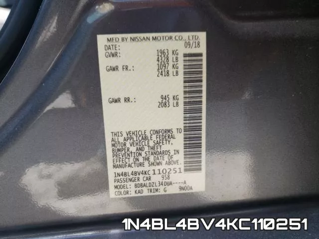 1N4BL4BV4KC110251 фото 2