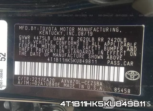 4T1B11HK5KU849811 фото 10