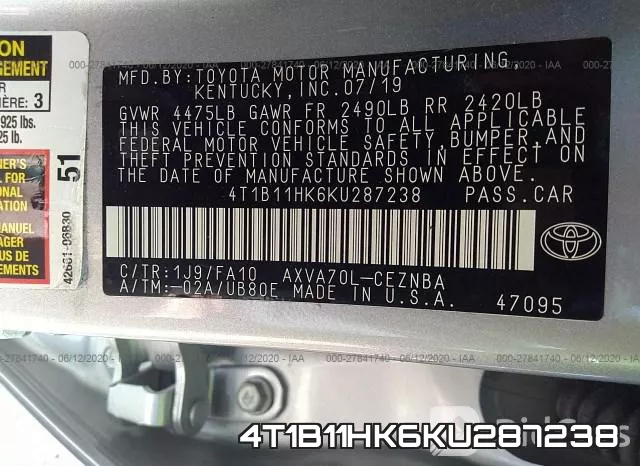 4T1B11HK6KU287238 фото 10