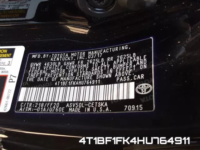 4T1BF1FK4HU764911 фото 2
