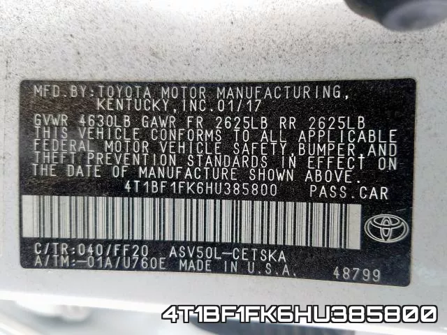 4T1BF1FK6HU385800 фото 2