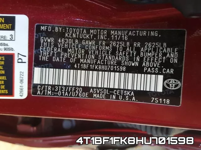 4T1BF1FK8HU701598 фото 2