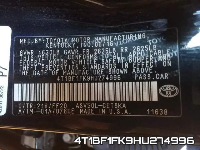 4T1BF1FK9HU274996 фото 2