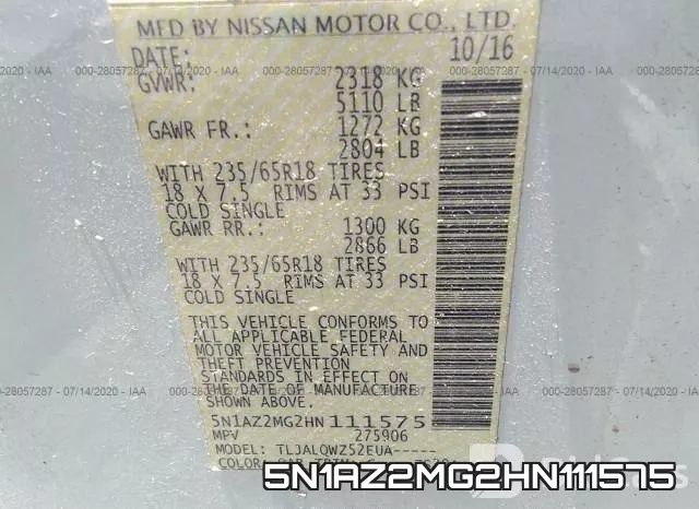 5N1AZ2MG2HN111575 фото 10