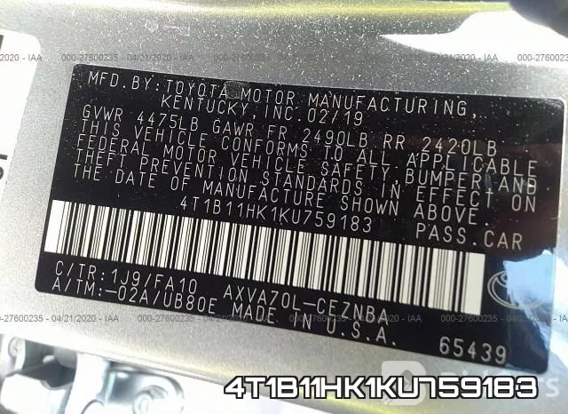 4T1B11HK1KU759183 фото 10