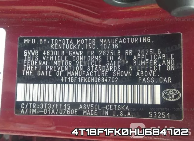 4T1BF1FK0HU684702 фото 10