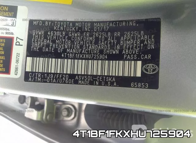 4T1BF1FKXHU725904 фото 9