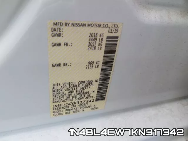 1N4BL4CW7KN317342 фото 2
