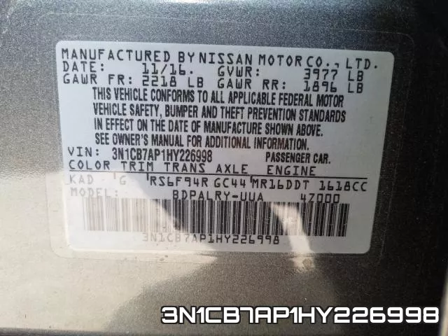 3N1CB7AP1HY226998 фото 2
