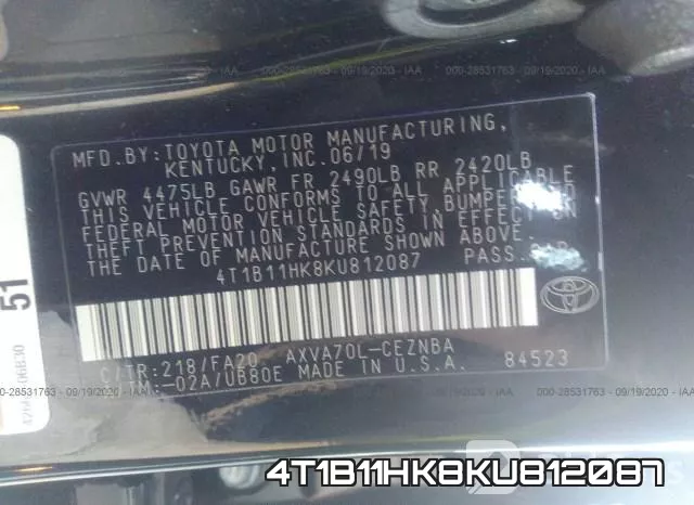 4T1B11HK8KU812087 фото 10