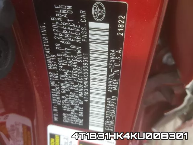 4T1B31HK4KU008301 фото 2